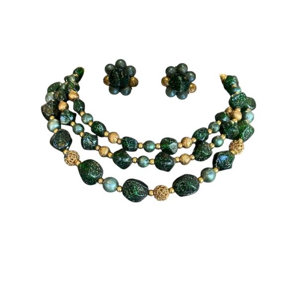 vintage 1950s green glitter multi-strand necklace, 50s costume jewelry set, nye - Picture 1 of 9